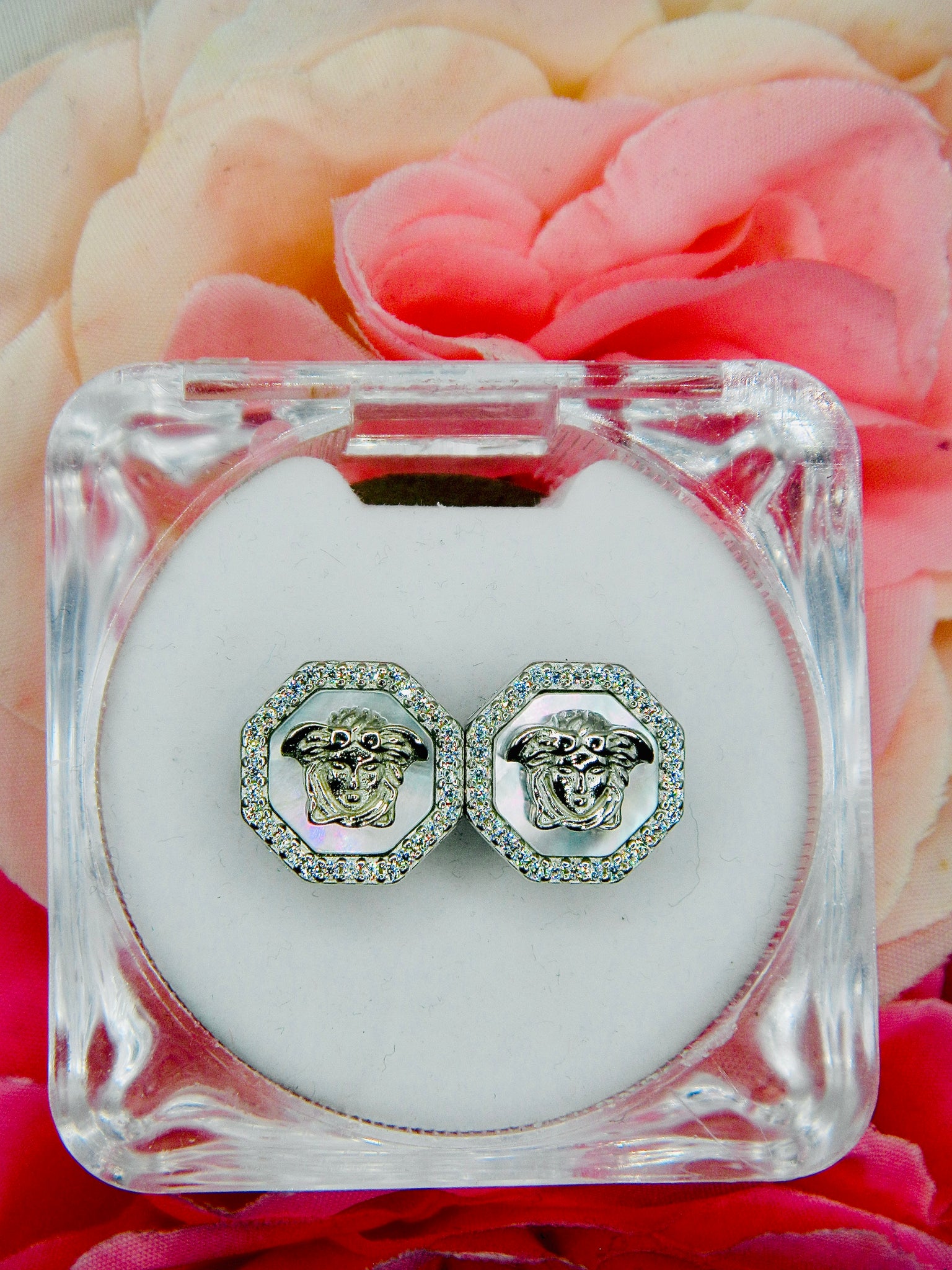 Bold and Luxurious Silver Stud Earrings with Iconic Versace Design